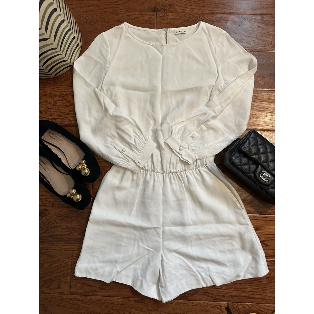 Club Monaco White Long Sleeve Romper Jumpsuit Elastic Waist Pockets Womens S
